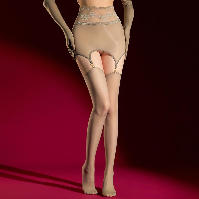 Sexy Women'S Stockings Split With Wrap Hip Skirt Socks Lace Over Knee Stockings Oil Shiny Transparent See-Through Underwear