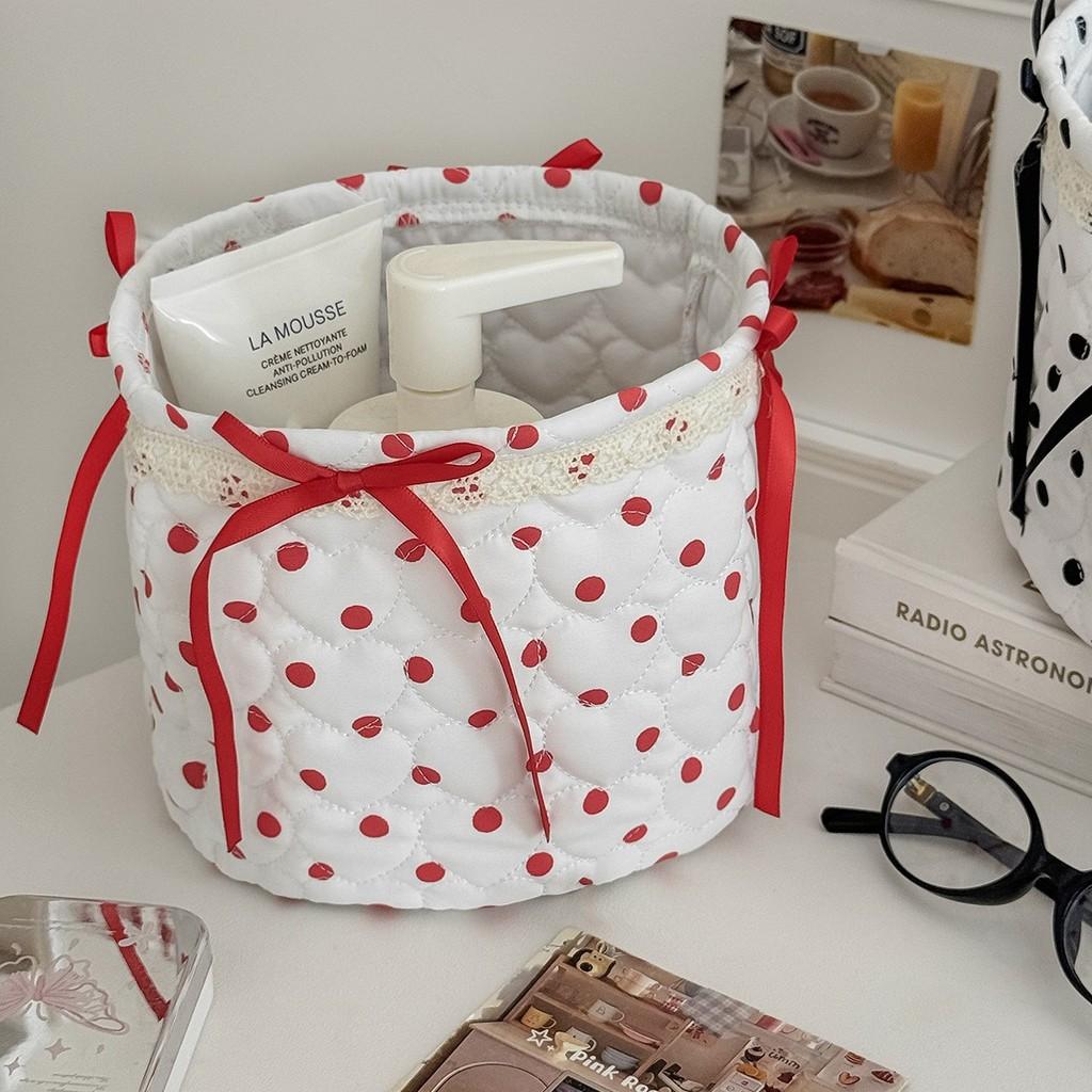Stylish Nylon Dot Pattern Storage Bin With Ribbon For Makeup And Toy Organization