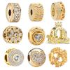 925 Copper Golden Love Heart Four Leaf Clover Angel Sun Tree Feathers DIY Beads Fit Original Pantaro Charm Bracelet Fine Zircon