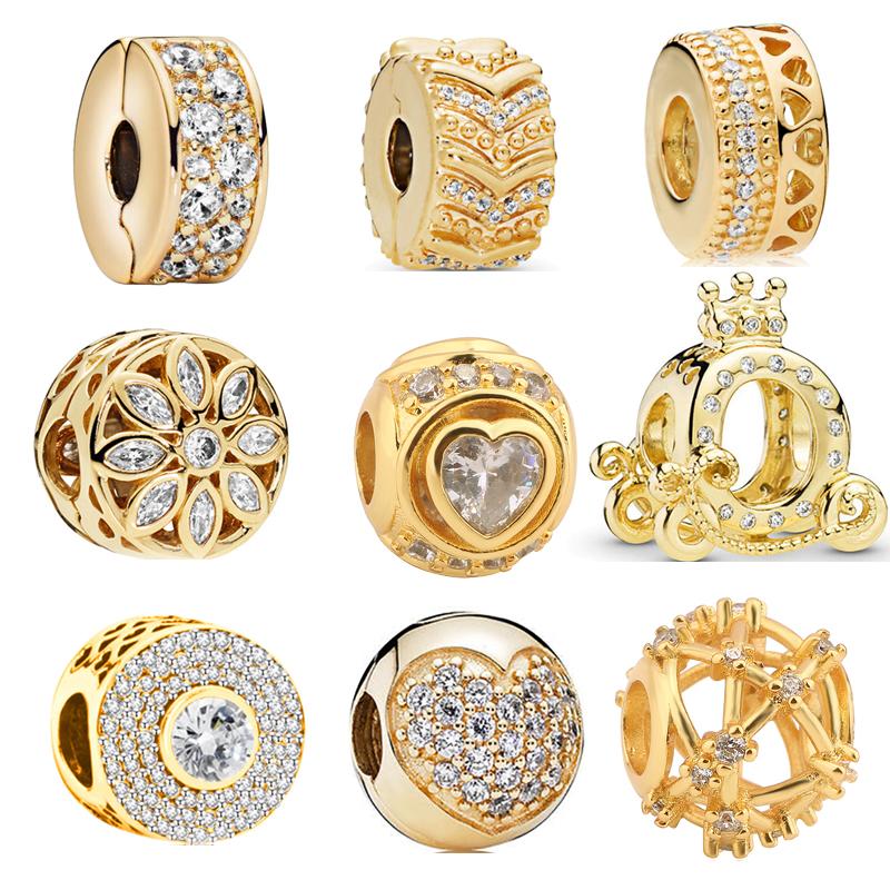 Cobre 925 Corazón de Amor Dorado Trébol de Cuatro Hojas Ángel Sol Árbol Plumas Cuentas DIY Ajuste Pulsera de Abalorios Original Pantaro Zircón Fino