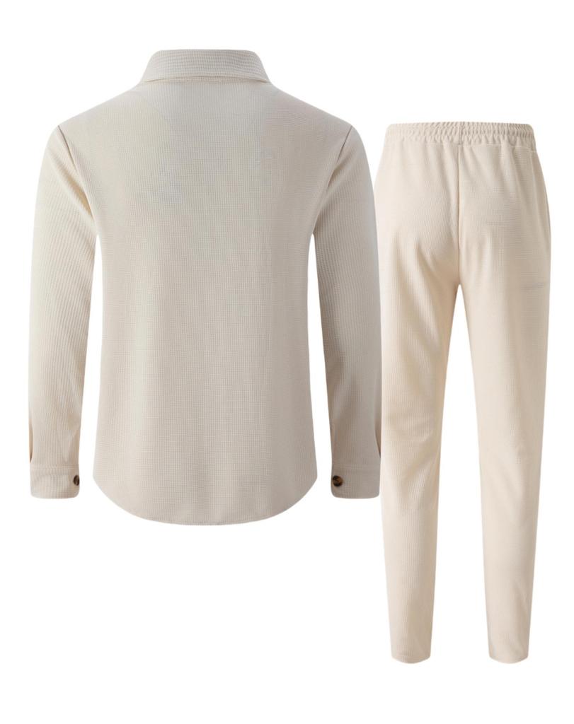 Men's Double-Pocket Waffle Two-Piece Set: Long-Sleeved Shirt and Pants for Autumn