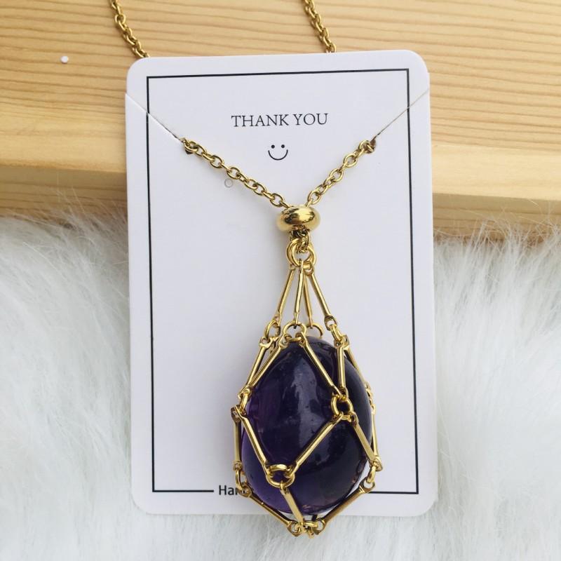 Adjustable Bamboo Link Chain Necklace With Handwoven Crystal Mesh Pendant Natural Gemstone Boho Choker Women Men