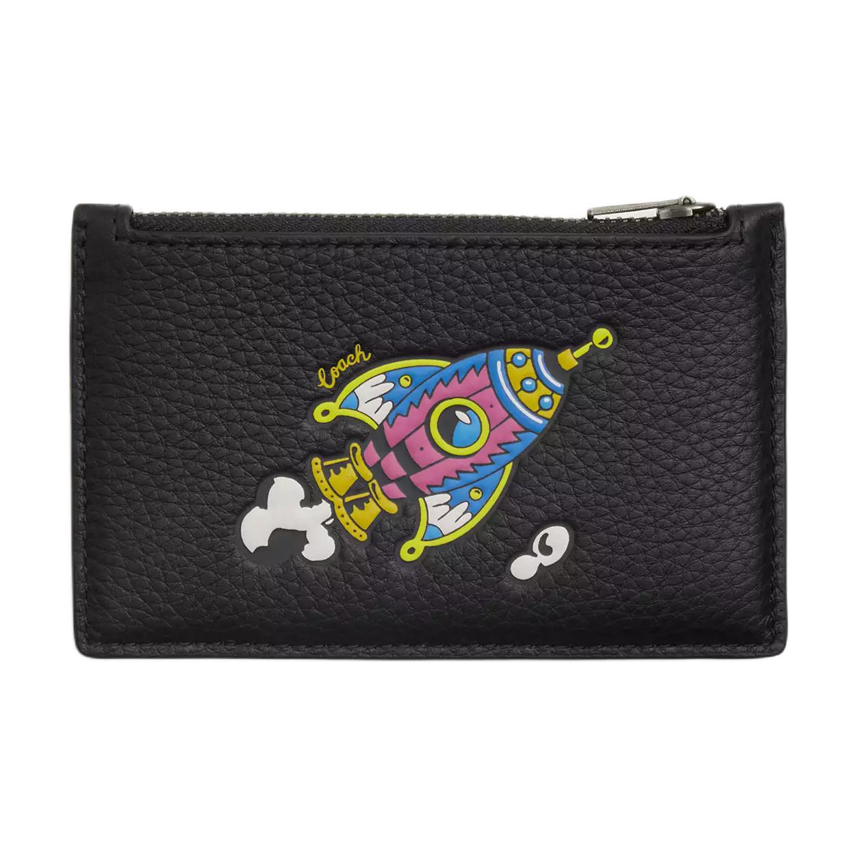 Coach Cosmic  13 Logo Rocket Print Pebble Leather Card Case Women Card Case Black CW222-QBM2 Black