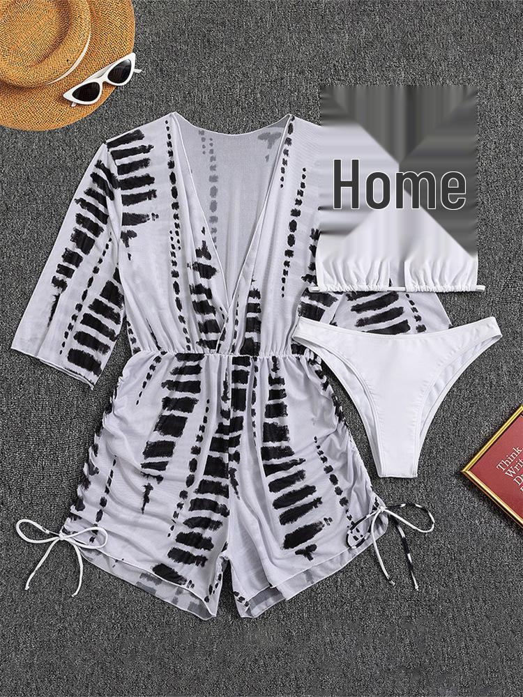 2024 High-Waisted Mesh Waist-Cinched One-Piece Swimsuit with Printed Drawstring and Three-Piece Bikini Set