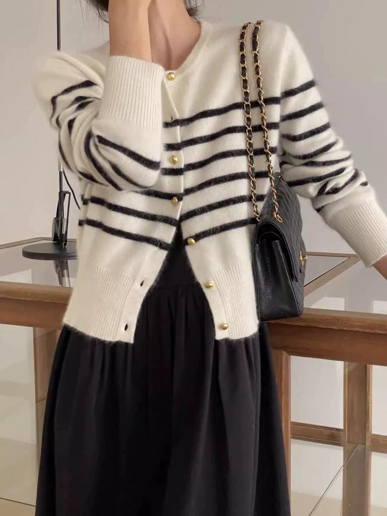 Women's French-Inspired Loose Fit Pure Wool Knit Cardigan with Gold Buttons and Round Neck Sweater