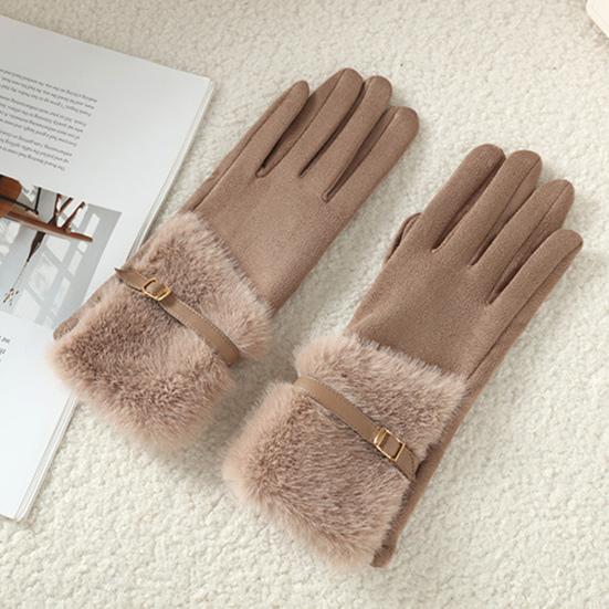 Women's Winter Suede Gloves with Fur Cuffs Soft Warm Touchscreen Cycling Gloves Ladies Fleece Lined Windproof Gloves for Cold Weather