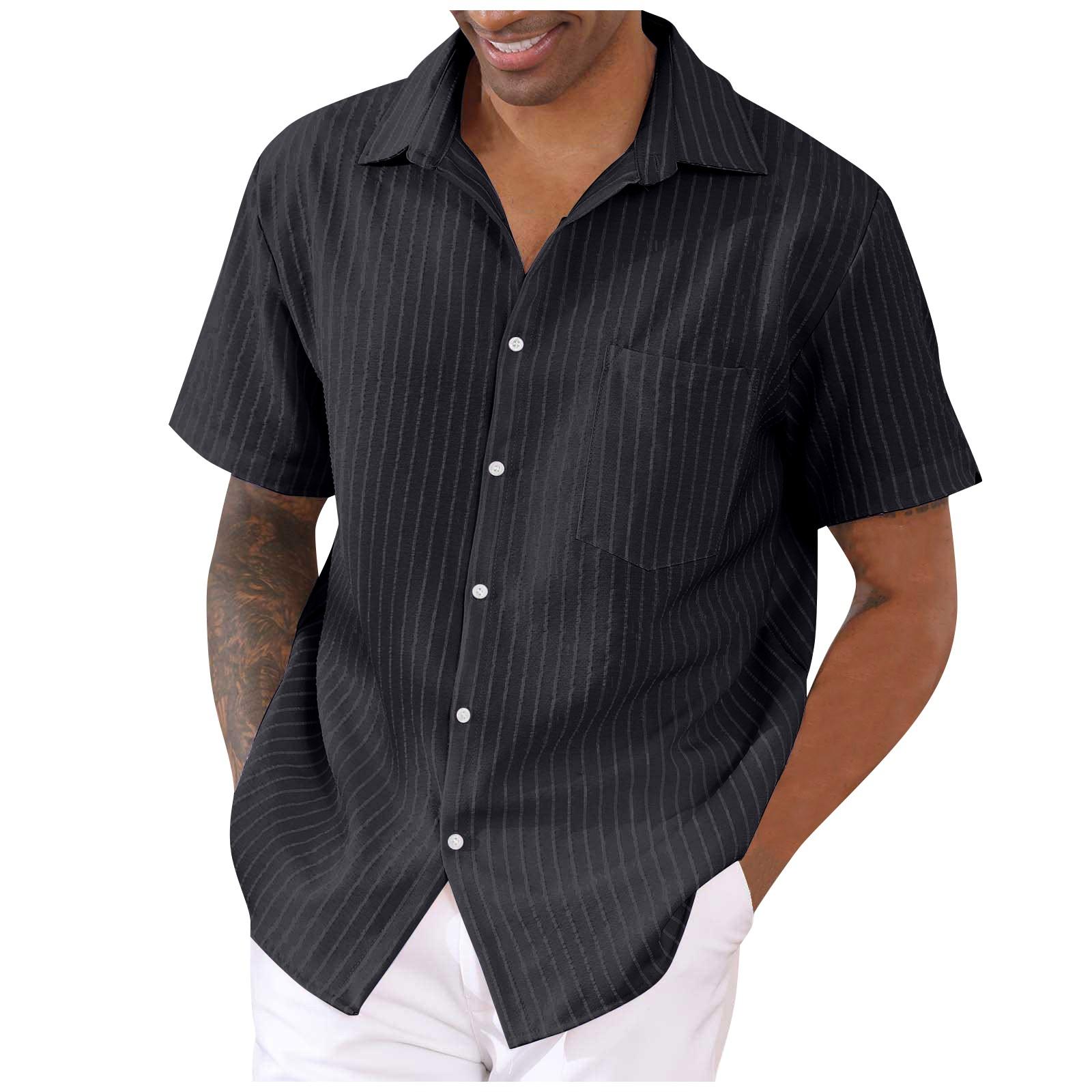 

Summer Men s Lapel Button Short Sleeved Shirt Stripe Casual Top L чёрный