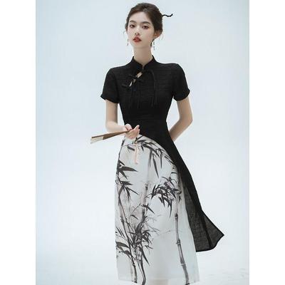 קיץ רטרו סיני סגנון משופר Cheongsam שחור דיו ציור שמלת נשים