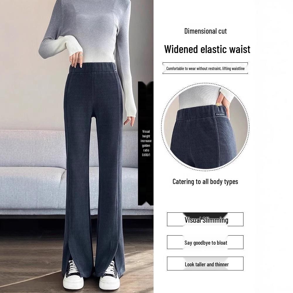 Women's Fleece-Lined Chenille Corduroy Flare Pants with Slits, Autumn/Winter 2024 Style