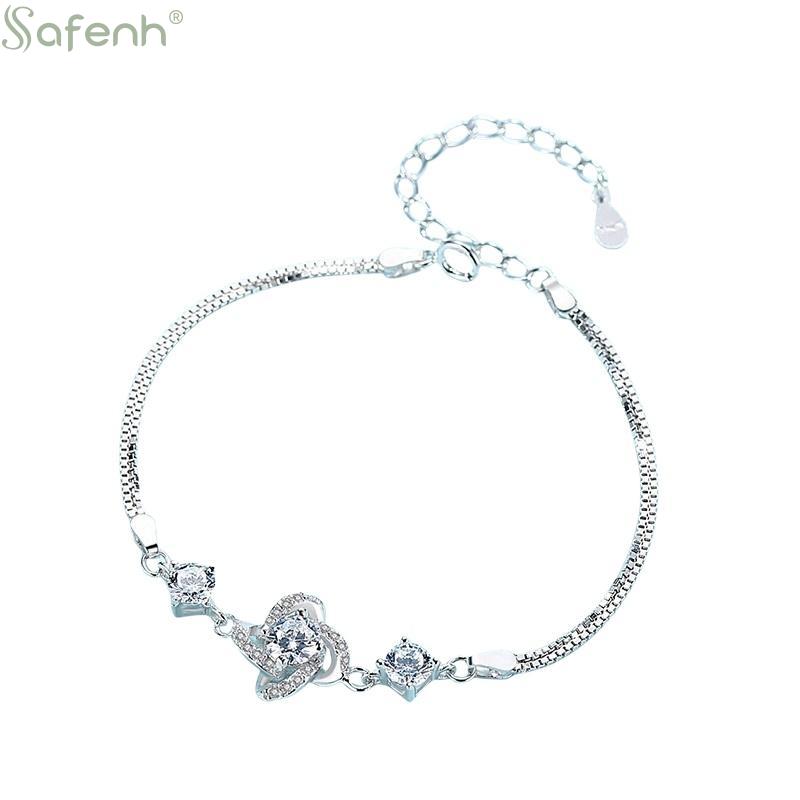 Sweet Heart Bracelet for Girls Silver Color with Sparkling Zircon Delicate Chain for Romantic Gift