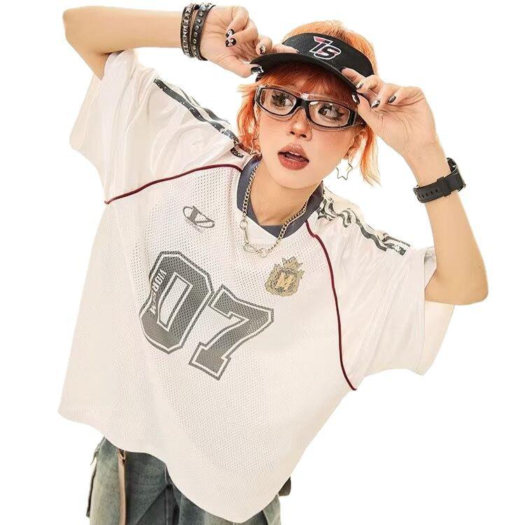 Women's Retro Sport Mesh Rugby T-Shirt: Summer College Style, Loose Fit Short Sleeve