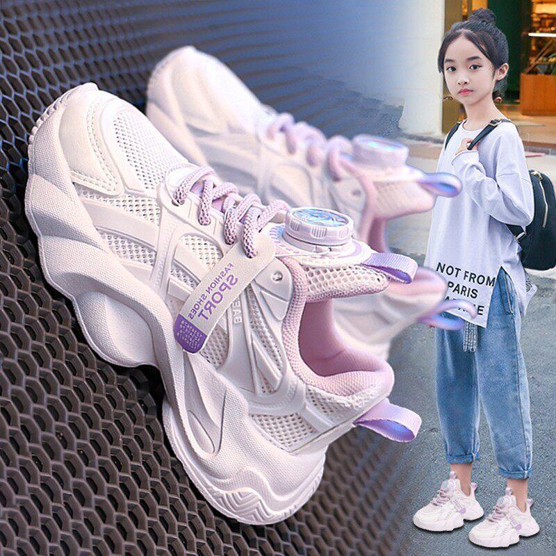 Kids White Sneakers Summer Lightweight Girls Sports Shoes Breathable Mesh Dad Shoes