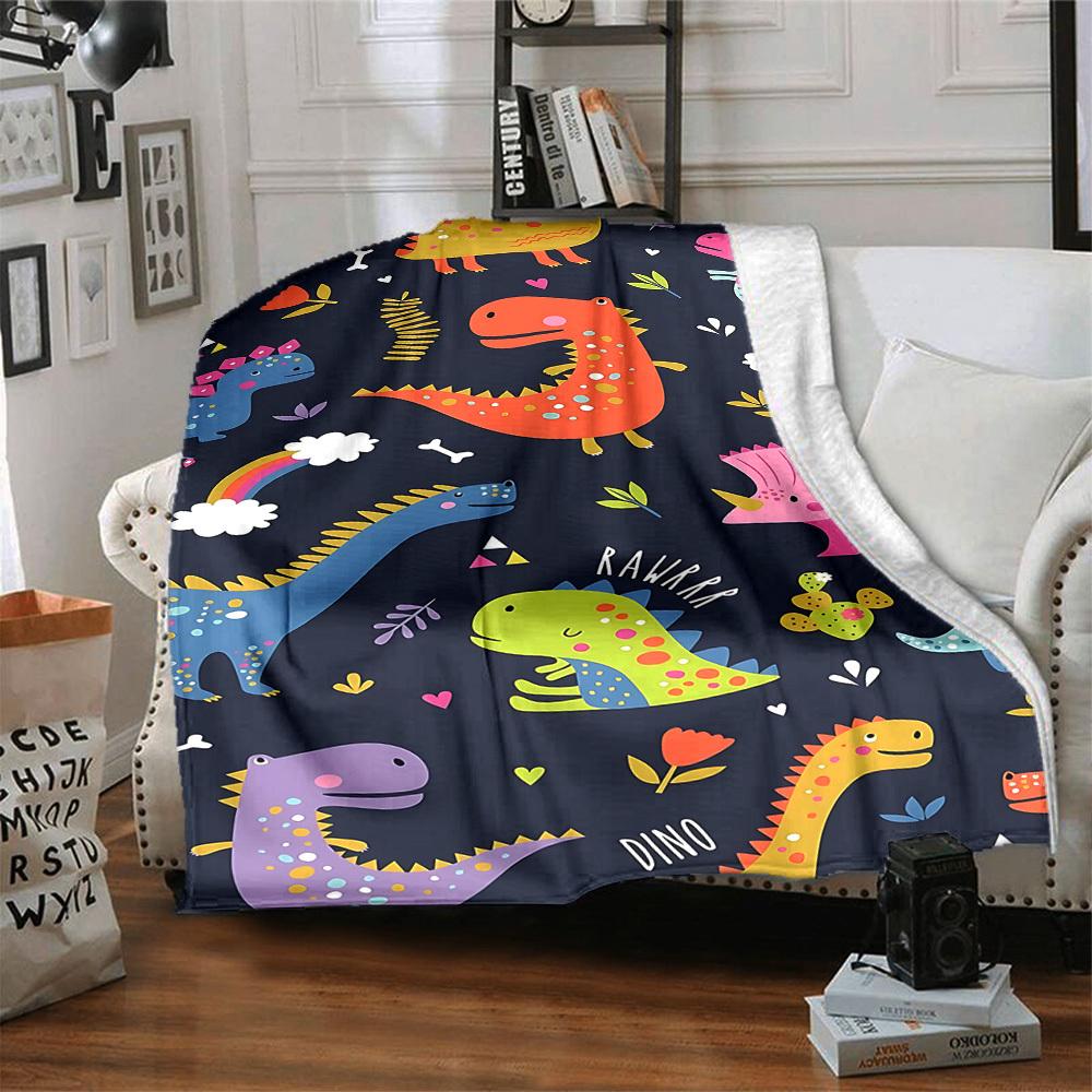 1pc Dino Rainbow Blanket, Lightweight Flannel Throw Blanket For Sofa, Bed, Travel, Camping, Living Room, Office, Couch, Chair, And Bed