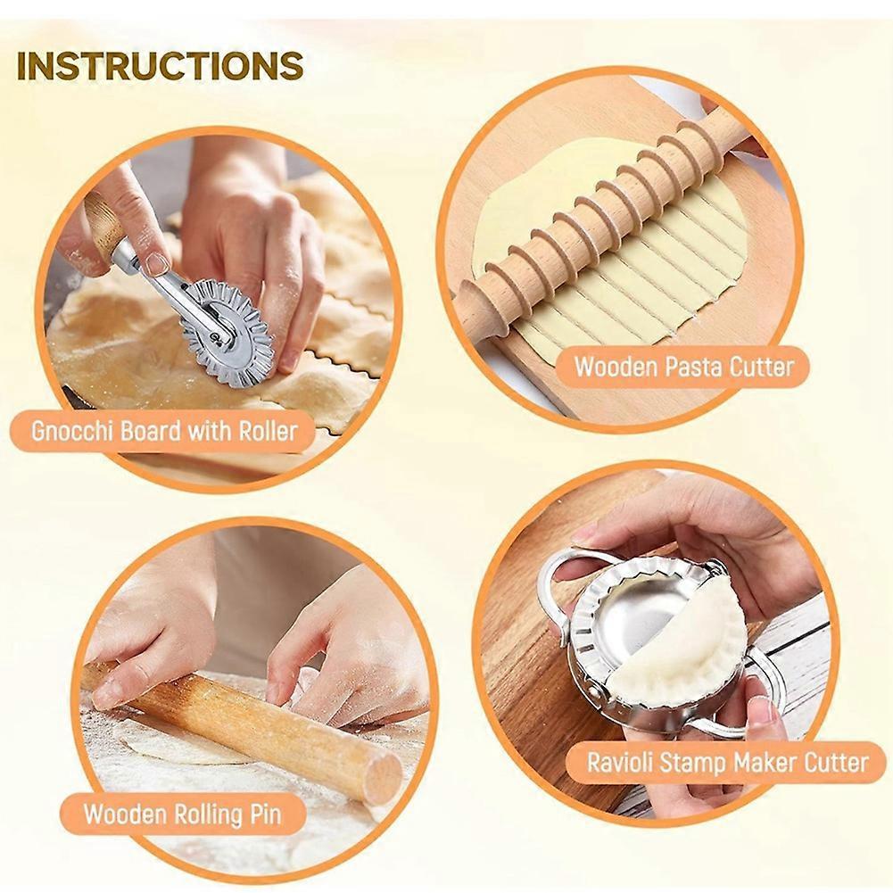 9Pcs Pasta Making Tools Set, Wooden Rolling Pin, Gnocchi Board, Ravioli Stamp Maker Cutter, Pastry Cutter Wheel
