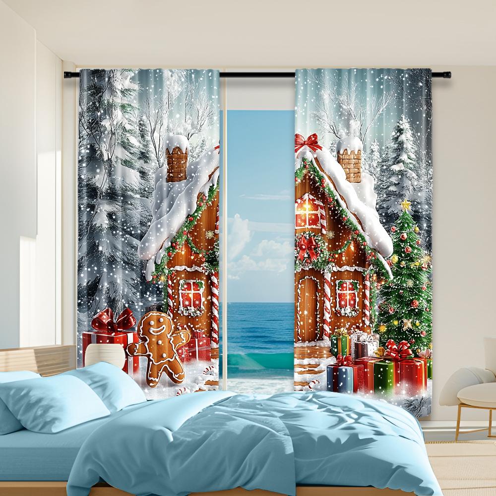 

2 шт. Праздничные рождественские имбирные пряники оконные шторы с кулиской из полиэстера с цифровой печатью, подходят для гостиной 29x65in(75x166cm)