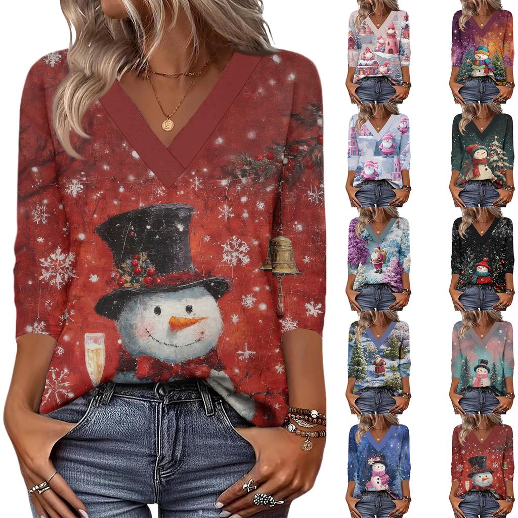 Women's Loose Comfortable Casual Fashion V-Neck Christmas Print 3/4 Sleeve Top