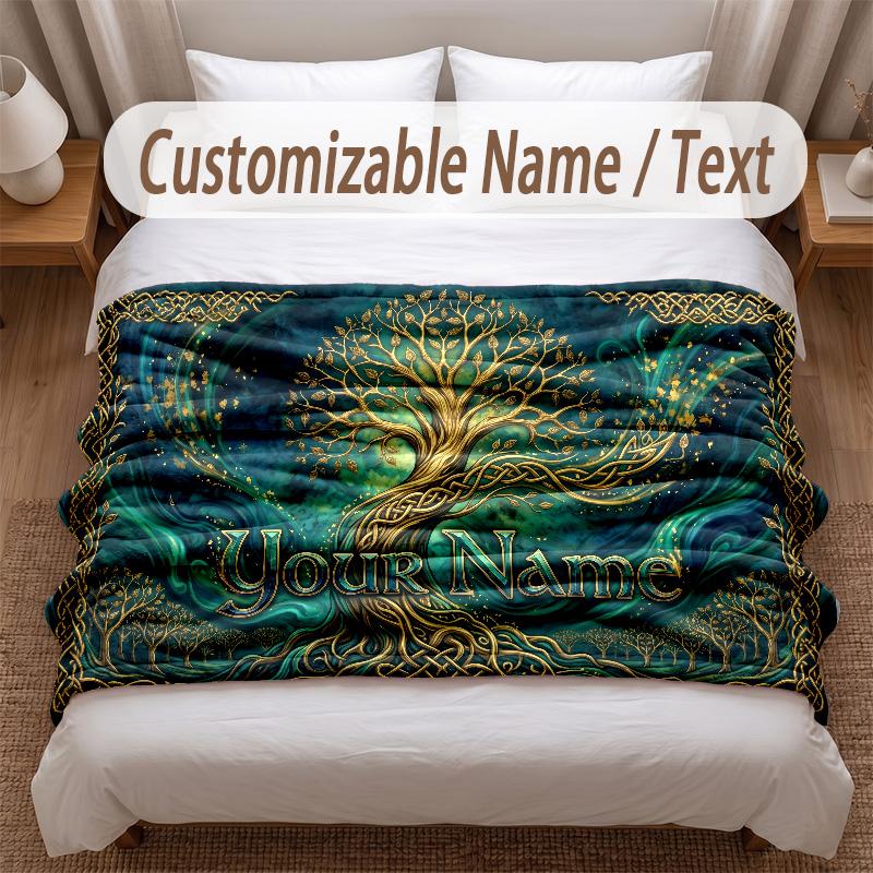 Tree of Life Theme Soft Blanket Personalized Custom Name Text Print Warm Blanket Home Sofa Bedroom Decor