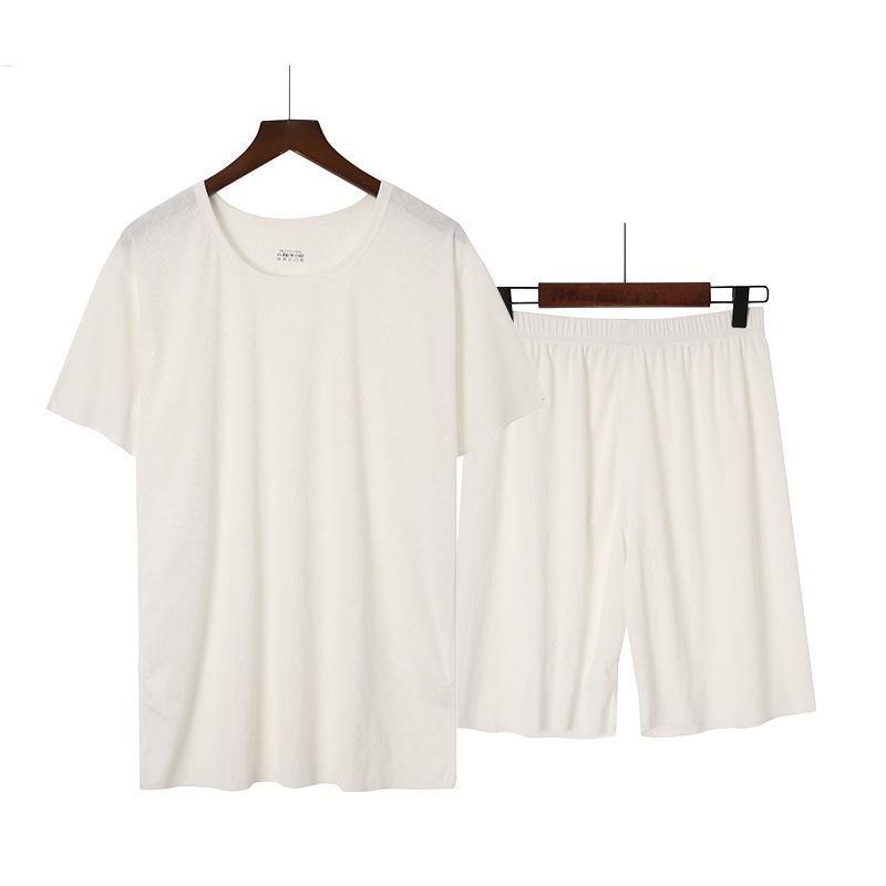 Men's Ice Silk Short Sleeve Pajama Set with Round Neck, Ribbed Shorts, and Versatile T-shirt for Indoors and Outdoors
