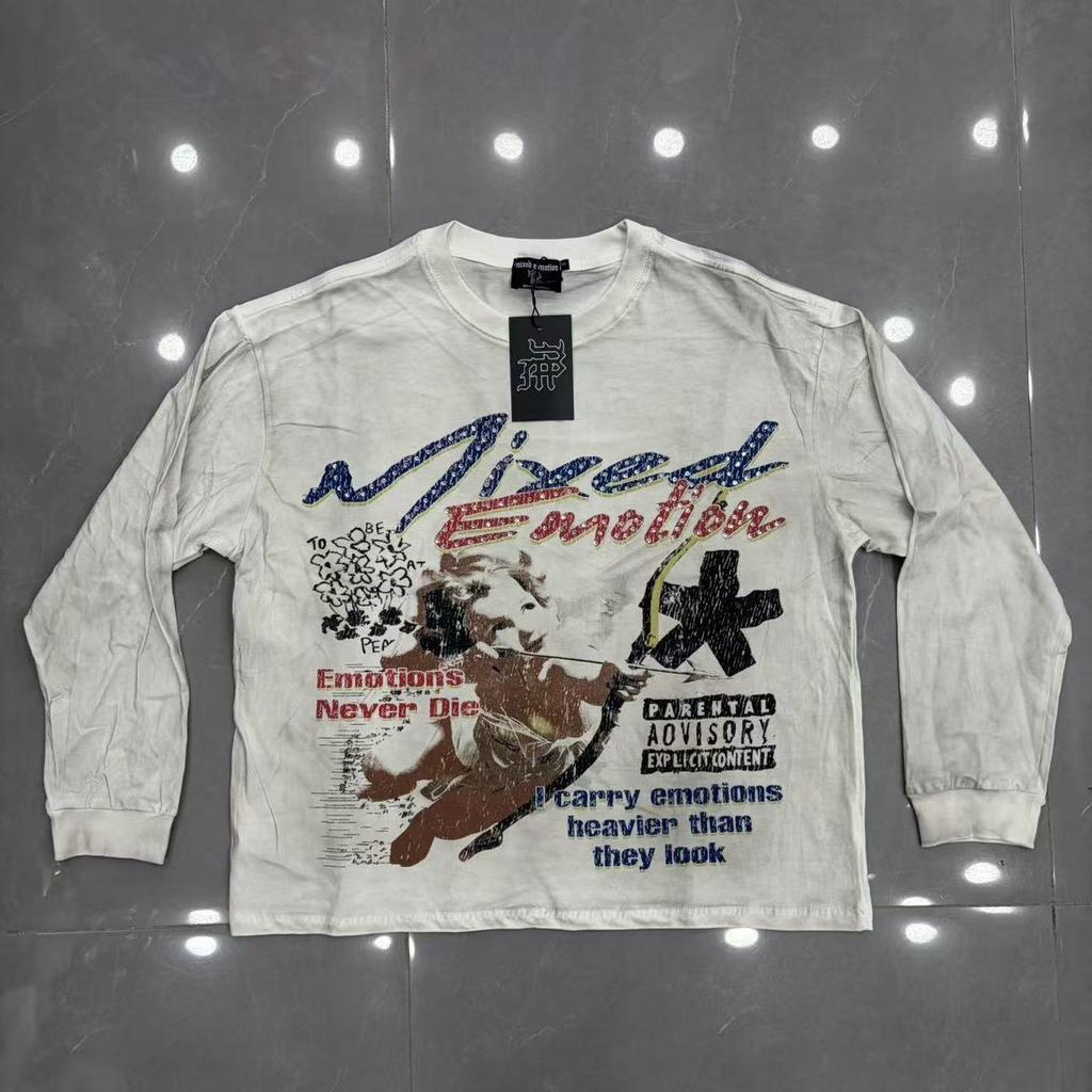 2026 Spring and Autumn New MIX Retro with Diamond Angel Letter Crew Neck Long Sleeve Men and Women of the Same Style, One Piece Will Be Sent In