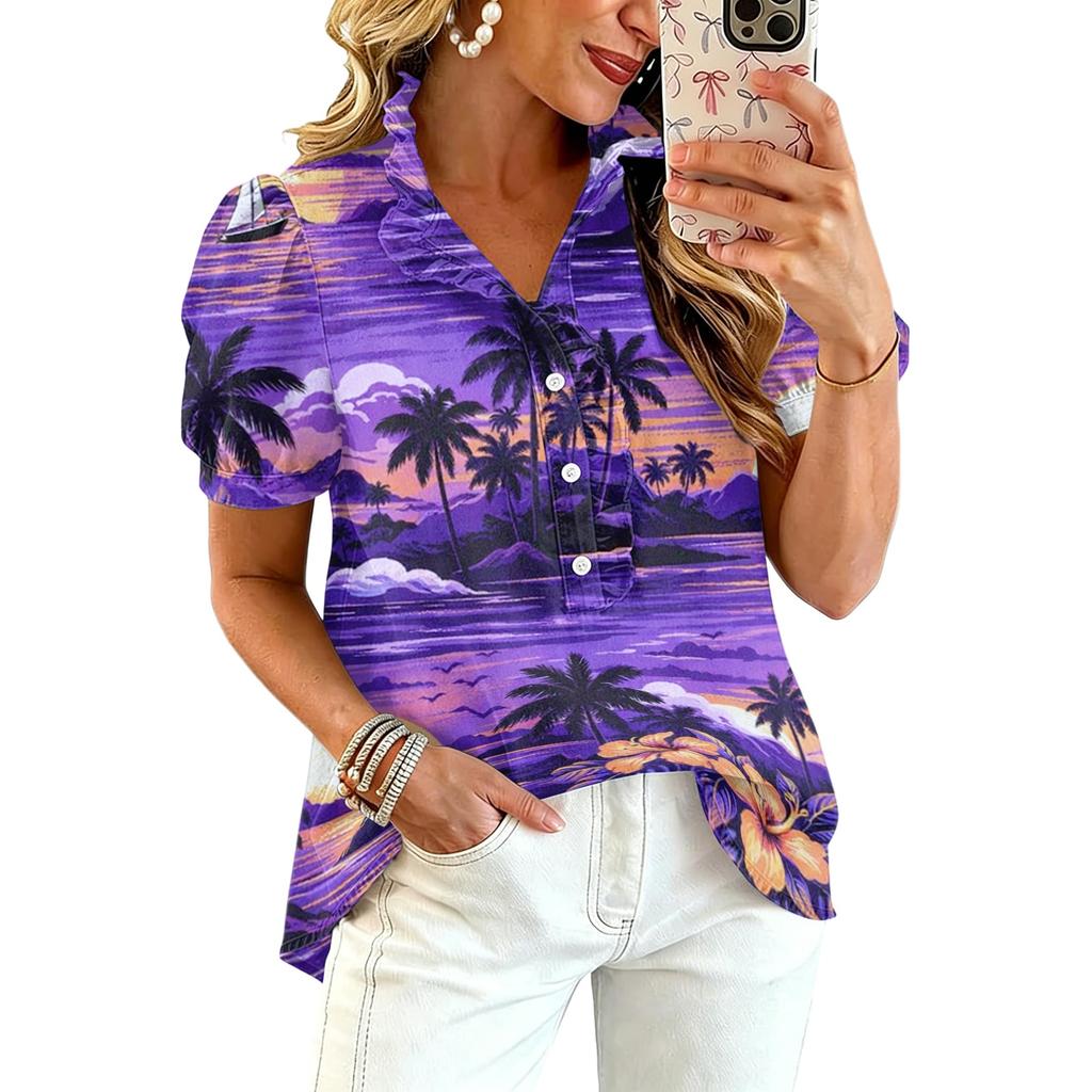 Women’s Casual Ruffle V Neck Top with Hawaiian Tree Print Short Puff Sleeve Button Down Relaxed Fit Summer Blouse