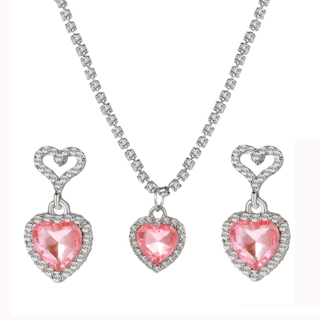 2025 Fashion Earrings Necklaces Set for Women Heart-shaped Zircon Pink Crystal Pendant Necklace Women's Jewelry Exquisite Gifts
