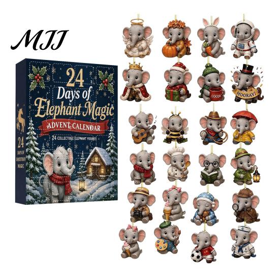 Collectible Holiday Ornaments Black Horse & Elephant Advent Calendar, 24 Acrylic 2D Festive Home Decorations Ornament Set, Christmas Tree Hanging