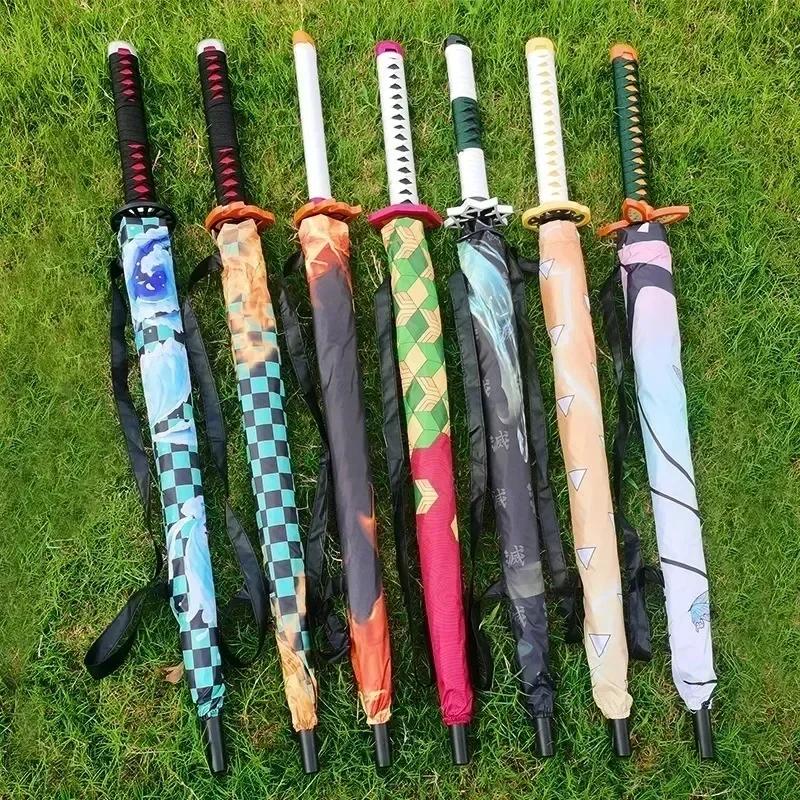 Long Kamado Tanjirou Katana Umbrella Handle UV Blocking Black Parasol Anime Demon Slayer Japanese Katana Sword Umbrella Raincoa