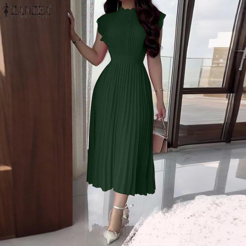 ZANZEA Women Elegant Casual Round Neck Sleeveless Pleated Dress