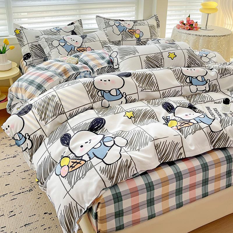 Class A Maternal Infant Grade Small Fresh Pure Cotton Abraded 4-Pcs Set, Skin-Friendly Bed Sheet Washed Cotton Quilt Cover, Dormitory 3-Piece Set