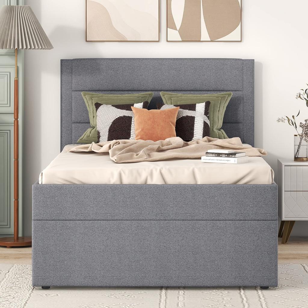 Polsterbett 90x200cm Hydraulisches Funktionsbett Stauraum Lattenrost Bettkasten Kopfteil Leinen-Oberfläche Metallrahmen Grau