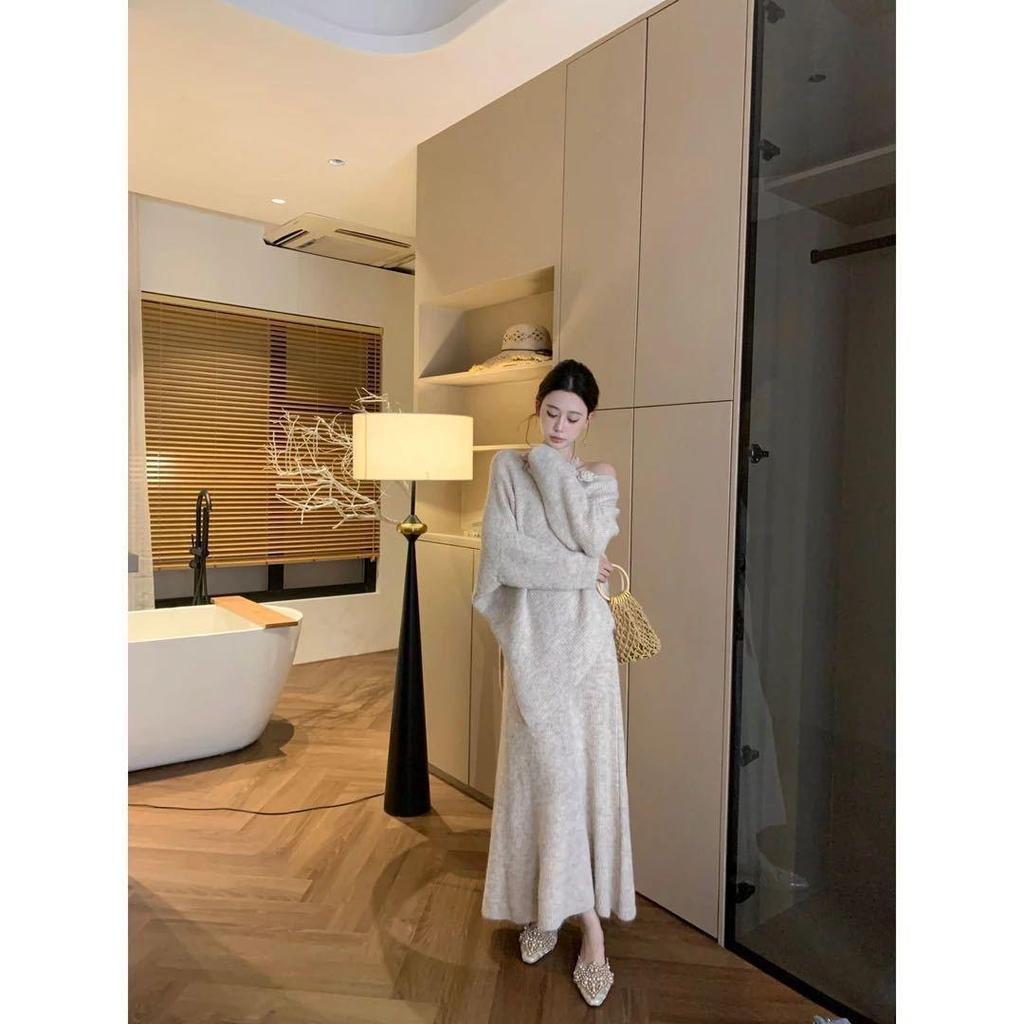 Elegant French 3D Floral Knit Sweater & Midi Skirt Set