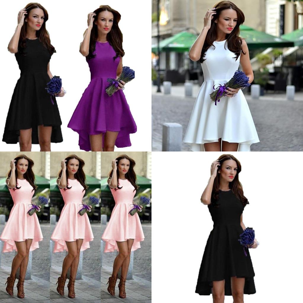 Fashion Women Sleeveless Asymmetric Hem Casual Sundress In Elegant Pure Color