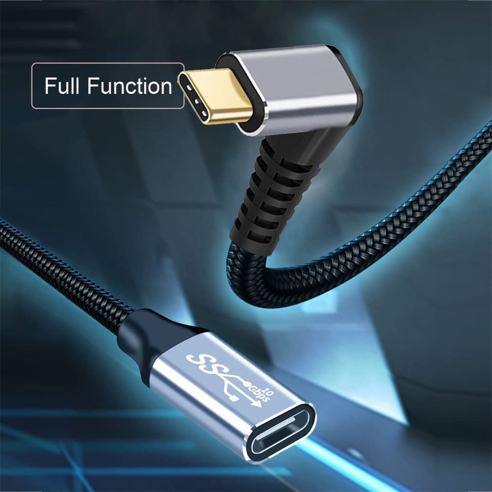 Cablecc 10Gbps 100W Male To Female USB Type C Angled Extension Data Cable with Sleeves for 2M 3.1 USB-C Up/Down Laptops,