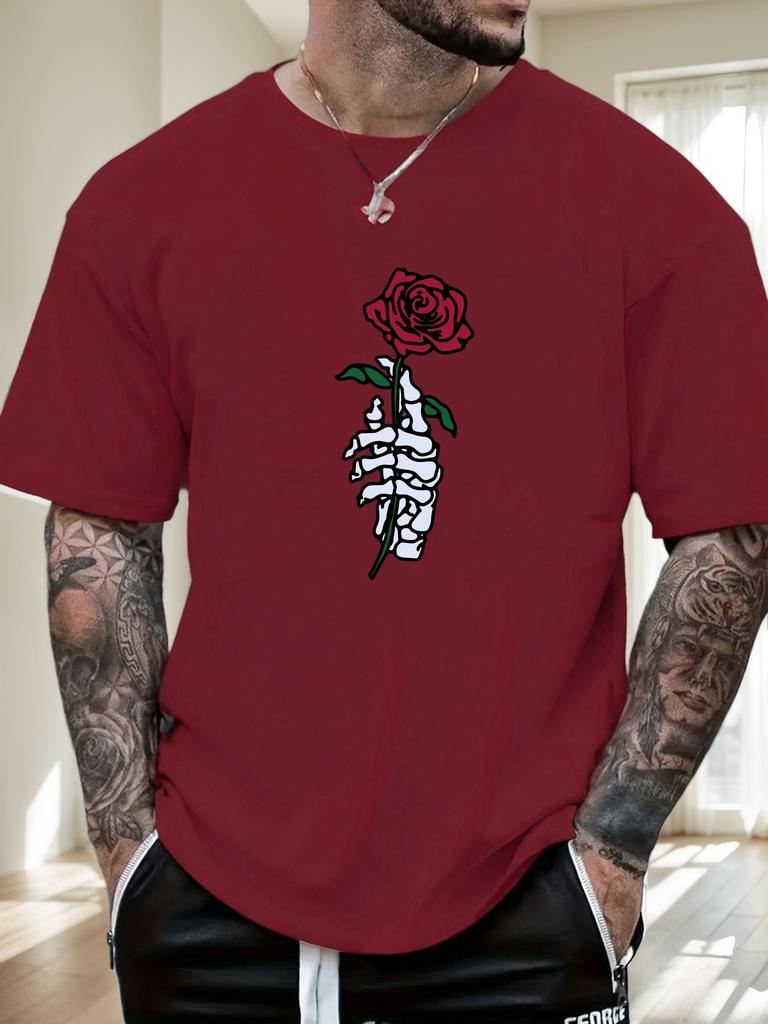 2025 Summer Essential Mens Tee Edgy Artistic Vintage Inspired Goth Skeleton Hand Rose Print 100 Cotton Short Sleeve Casual Top