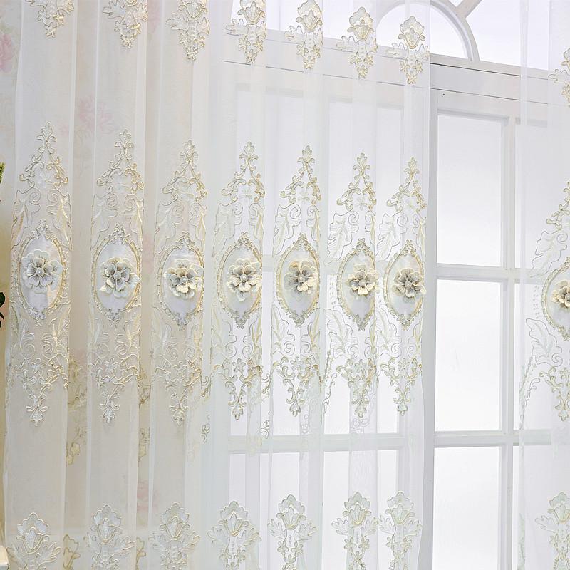 Modern Luxury Embroidered Gauze Curtains with Floral Lace Pattern, Grommet Top for Living Room & Bedroom