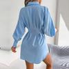 Women's Autumn Winter Casual Lantern Sleeve High Waist Asymmetric Dress Shirt Dress