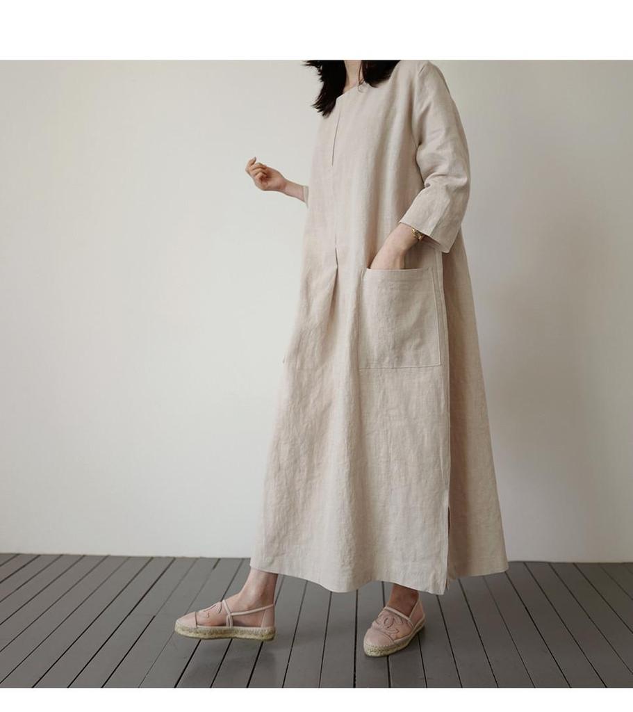 Women's Korean Style Cotton Linen Mid-Length Dress with Pockets - Plus Size, Loose Fit, Casual Fashion