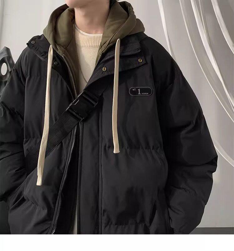 Men's Trendy American-Style Faux Two-Piece Down Coat - Winter Hooded Loose Fit for Cold Protection
