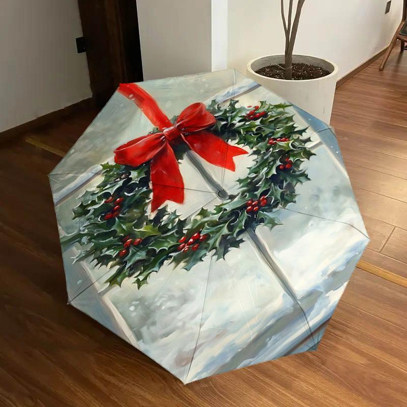 

Christmas Holly Wreath with Red Bow - Festive Decoration for Outdoor Use, Auto Open Close Umbrella, Portable Tri-Fold Design, 8-Bone Iron Fr