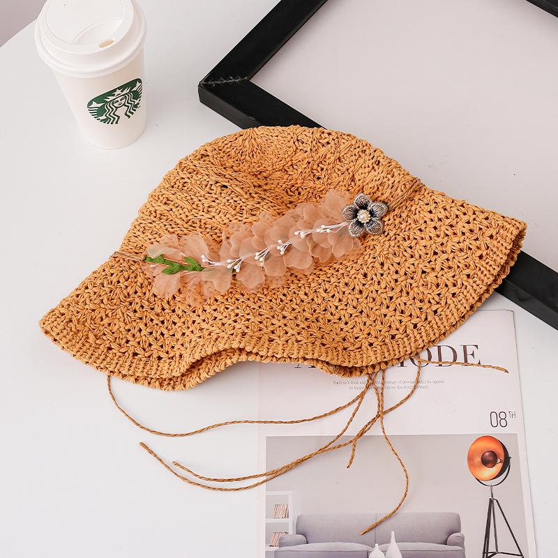 

Шляпа женская ручной работы из цветочной соломы, маленькая свежая, маленькая шляпа-ведро, летняя уличная шляпа от солнца, новая One Size