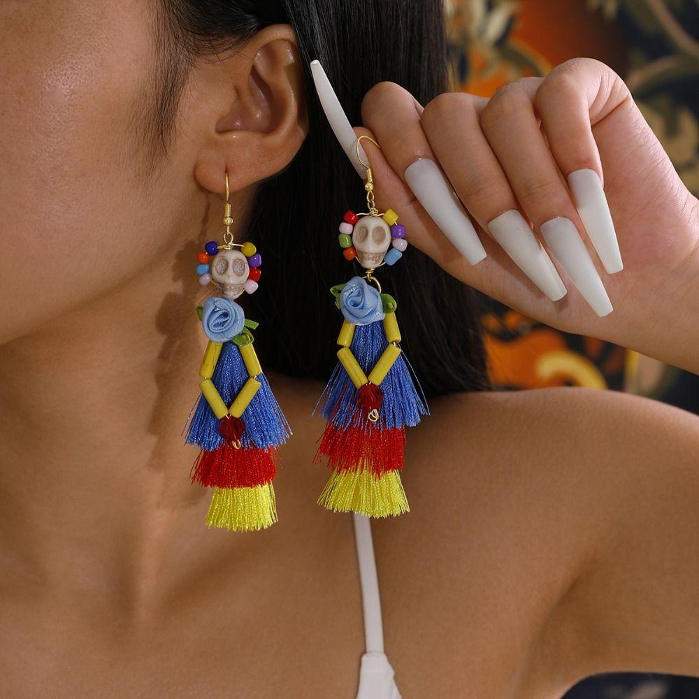 Rice Bead Skull Drop Earring Tassel Ear Jewelry Accessories Fashion Halloween Earrings  Party