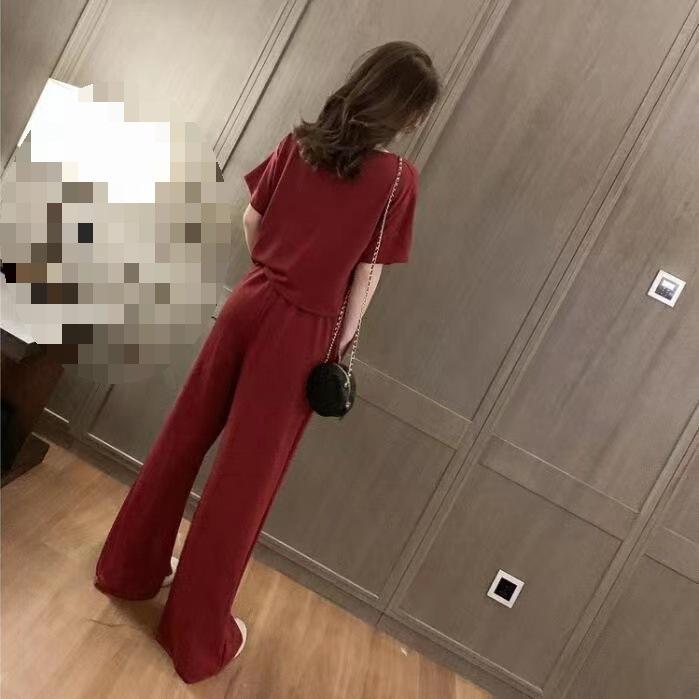 Sports Suit Women's Summer V-neck Short-sleeved Wide-leg Pants Two-piece Set Korean Style Loose Women's Casual Wear Fashion