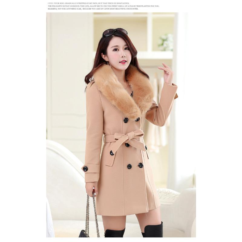 Woolen Fur Collar Women's Coat Korean Version Double-breasted Woolen Coat Medium and Long