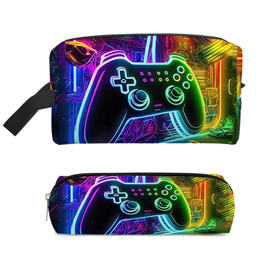 Zweiteilige Gamepad-Muster Kosmetiktasche, Federmäppchen für Jungen und Mädchen, Beste Geschenke, 2D Flache Cartoon-Taschen, Aufbewahrungstasche für Kinder