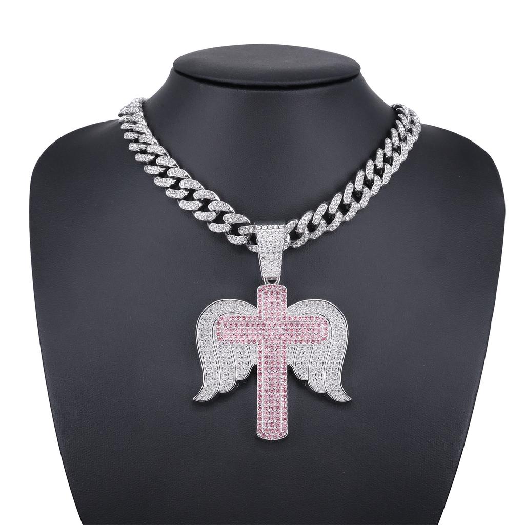 Alloy Necklace Men Trend Cross Angel Wings Pendant, Stylish Full Rhinestone Cool Hip Hop Jewelry