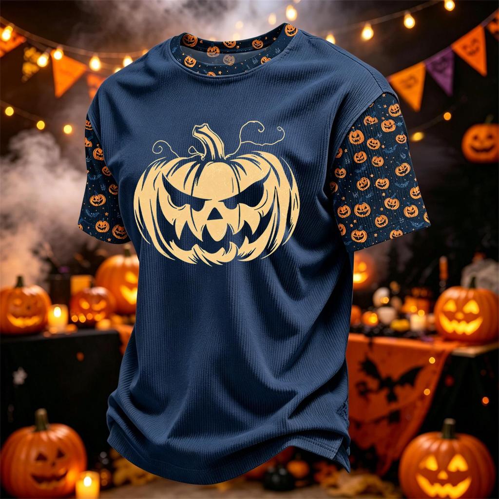 Herren Kord-Rundhals Leicht Atmungsaktiv Kurzarm Oberteil Halloween-Druck Kürbis Grafik Buchstaben oder Süßes Design Freizeithemd