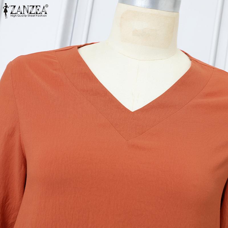 ZANZEA Chemisier ample à manches longues et col en V pour femme, couleur unie, décontracté