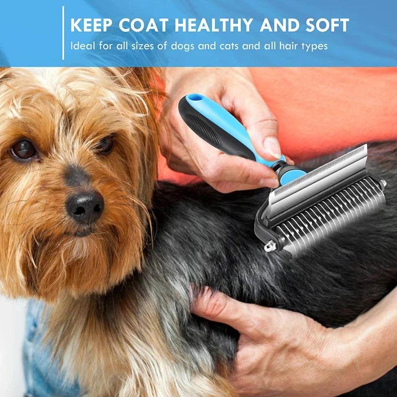 Spazzola per toelettatura per animali domestici 2 in 1 a doppia faccia Pettine Rastrello professionale per cani Manico sicuro e confortevole per cani Gatti Rimuove nodi e grovigli facilmente