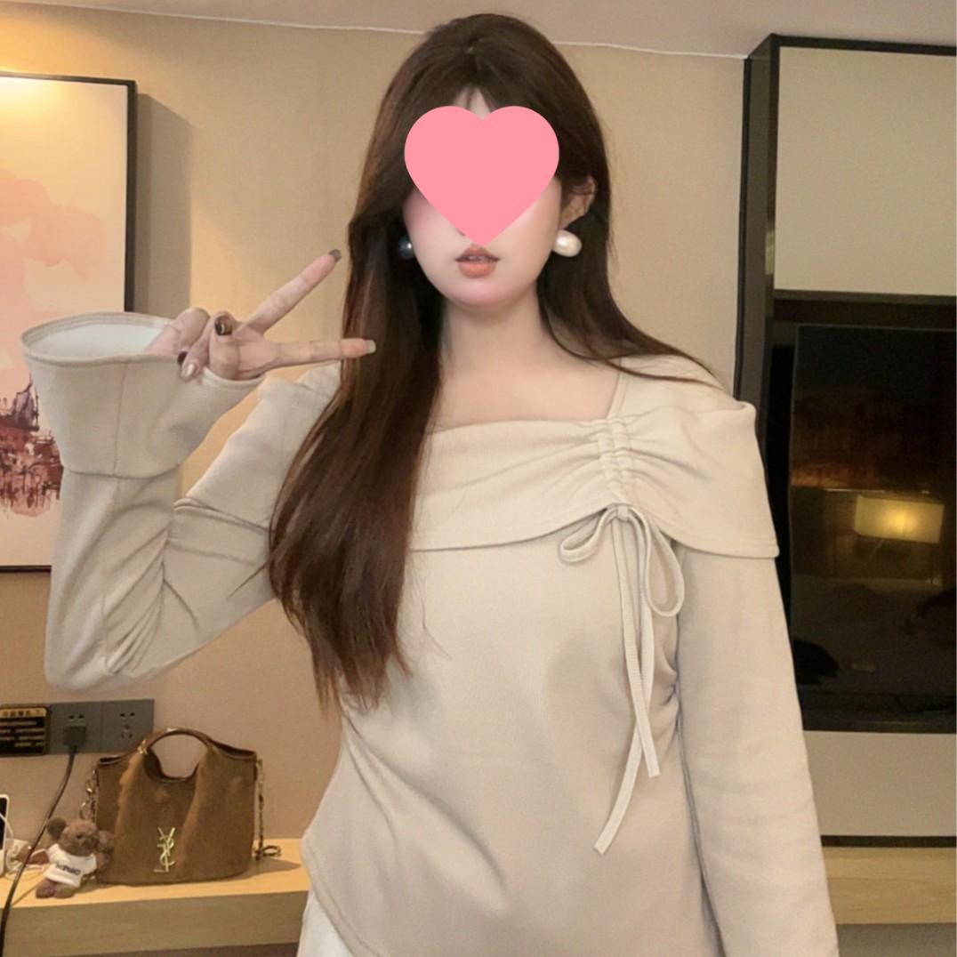 

Plus Size Women s Winter Pleated Lace-Up Bell Sleeve Slimming Top with Generous Neckline 2XL (140-160 lbs)