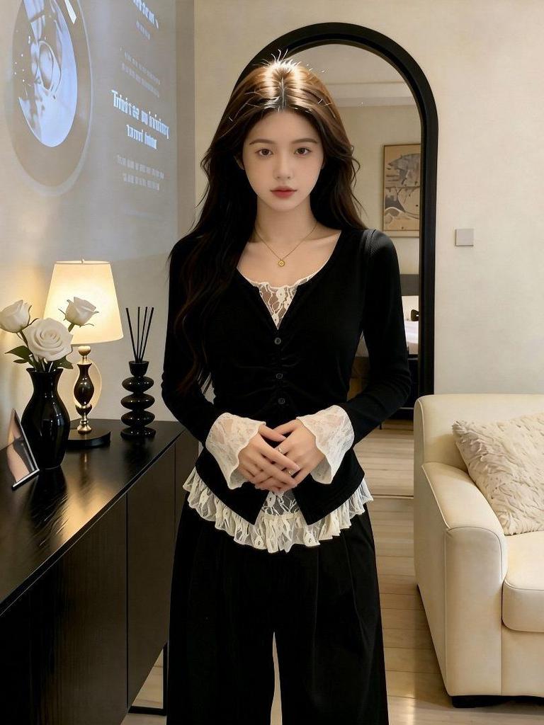 2026 Spring Plus Size Lace Patchwork Long Sleeve Women's T-shirt